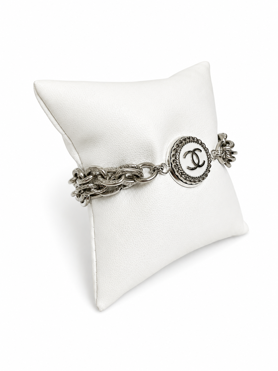 Multi-Chain Bracelet with Chanel Logo Button in White/Silver