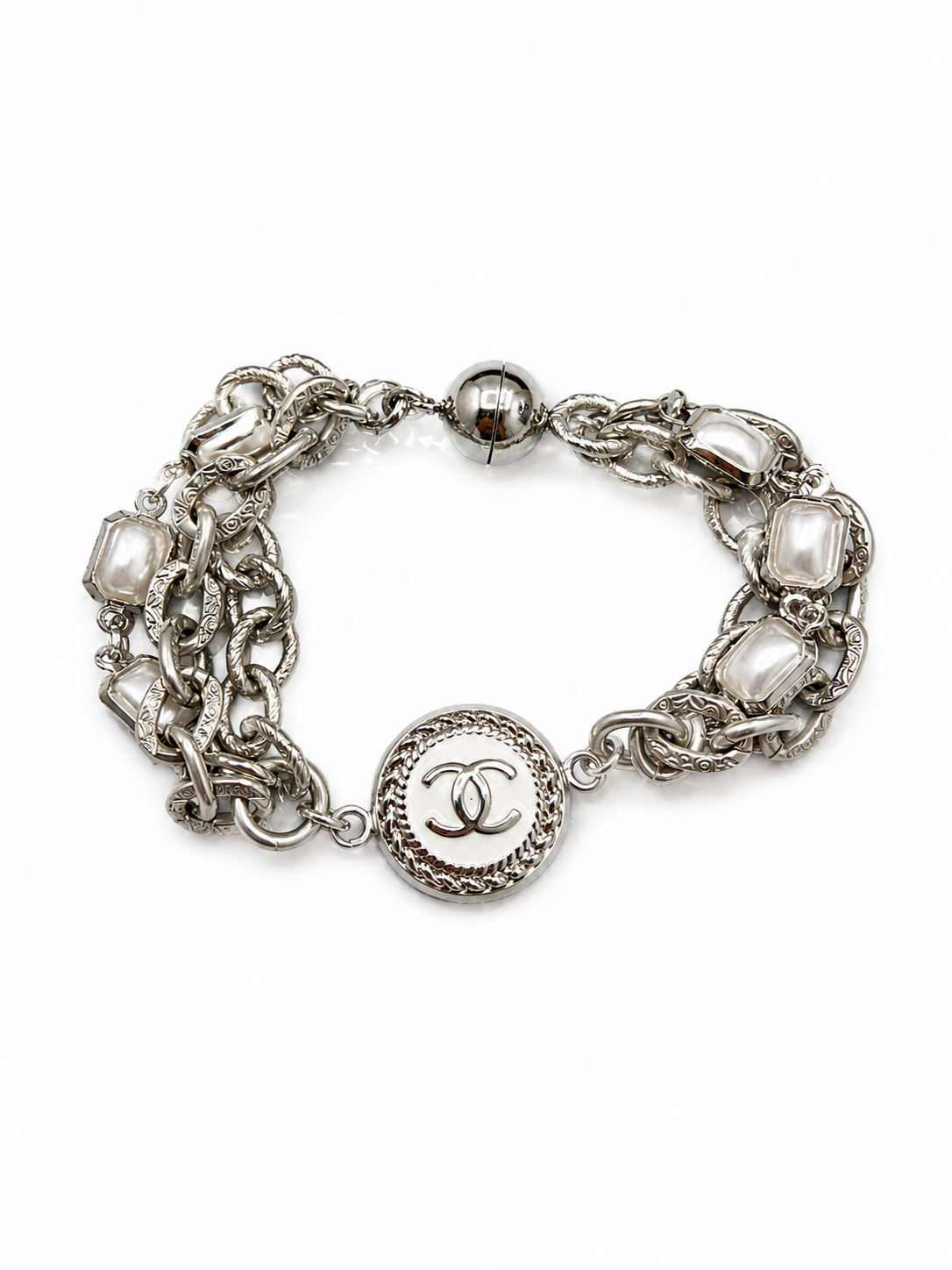 Multi-Chain/ Pearl Bracelet with Chanel Logo Button in White/Silver