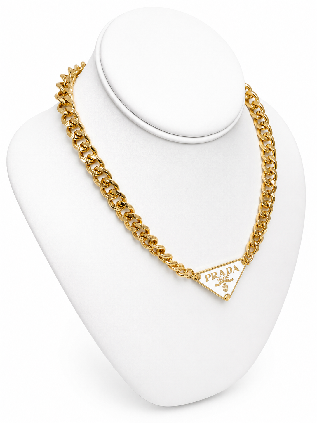 Cuban Chain Necklace with Prada Logo Triangle in White/Gold