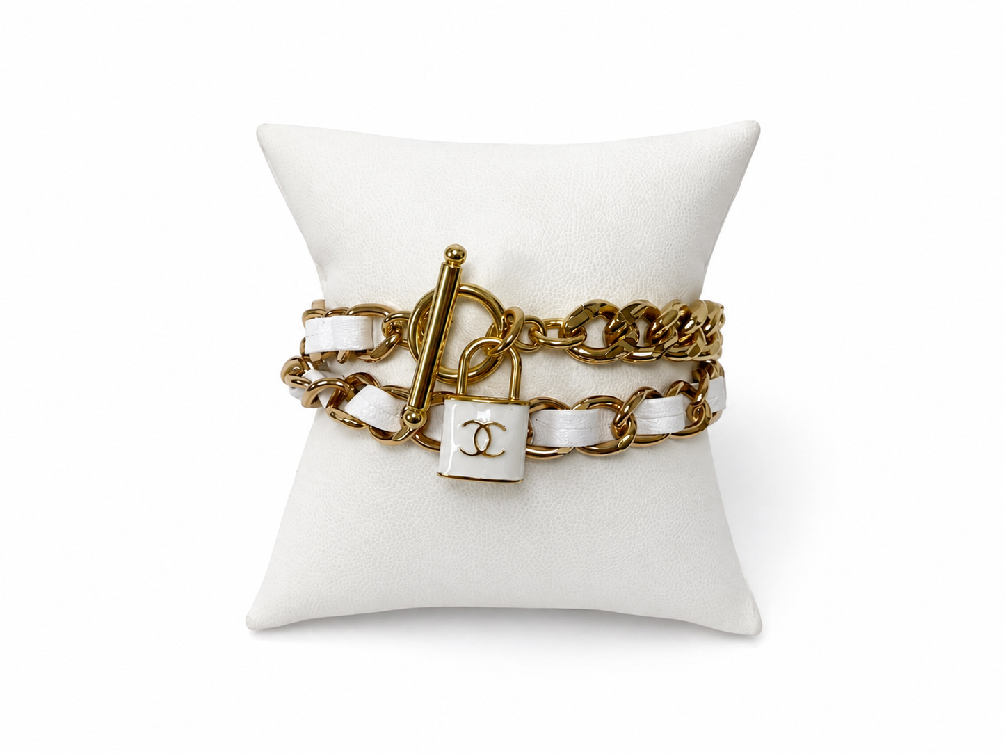 Chain Wrap Bracelet with Chanel Logo Button in White/ Gold