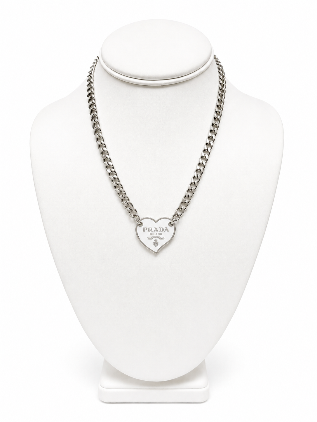 Link Necklace with Prada Logo Heart Charm in White/Silver
