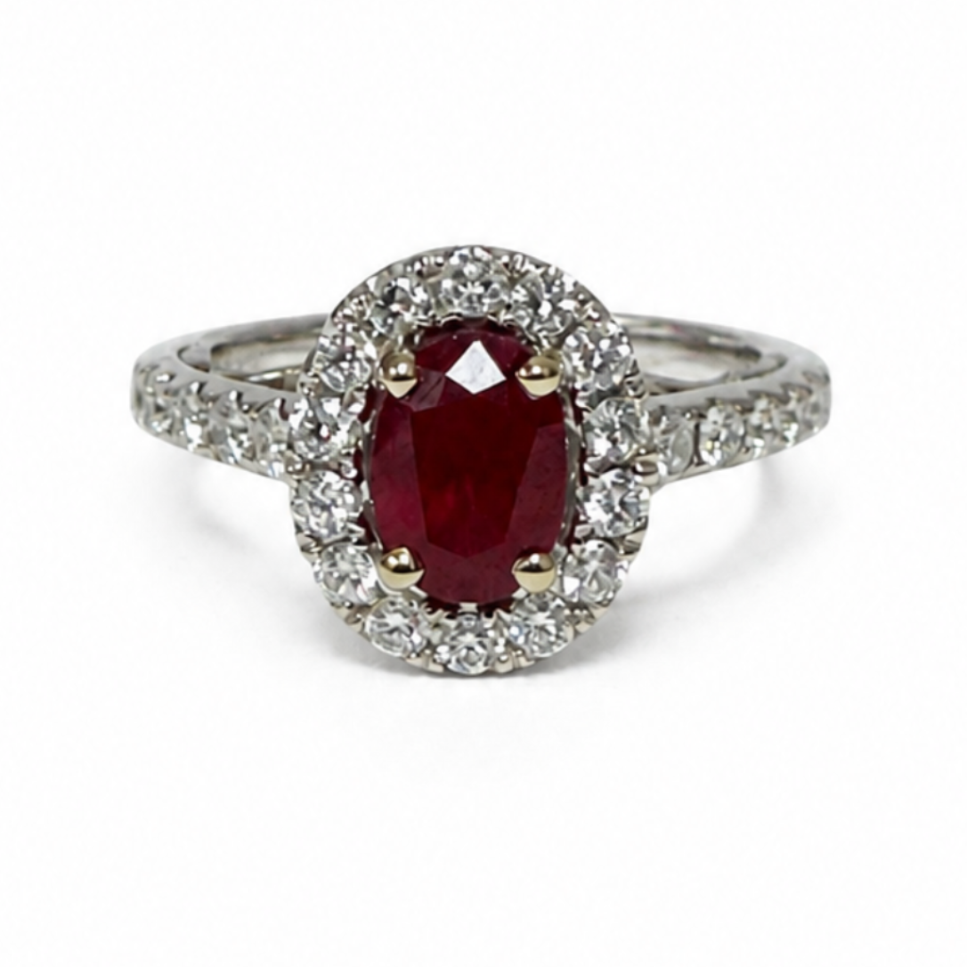 18K Oval Ruby and Diamond Ring with Halo