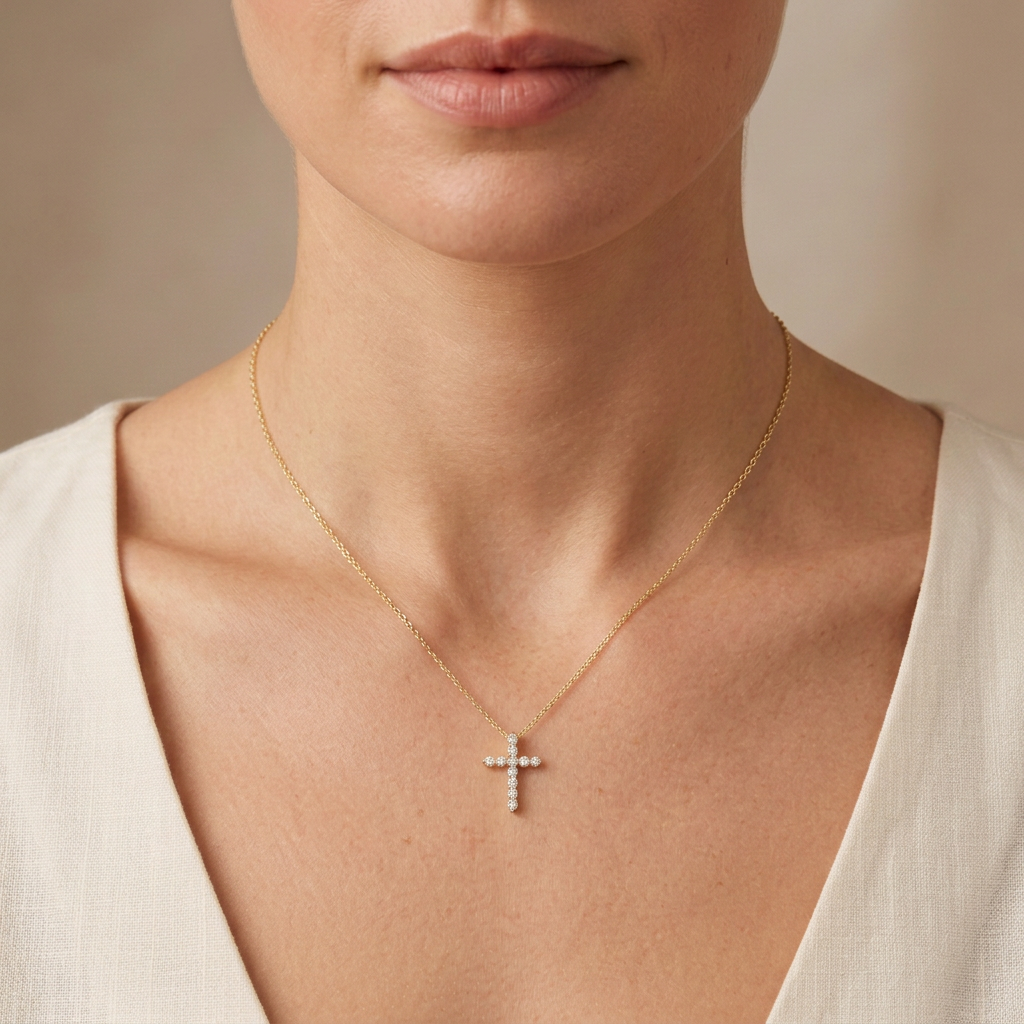 0.25ct Lab-Grown Diamond Cross Necklace in 14K Yellow Gold