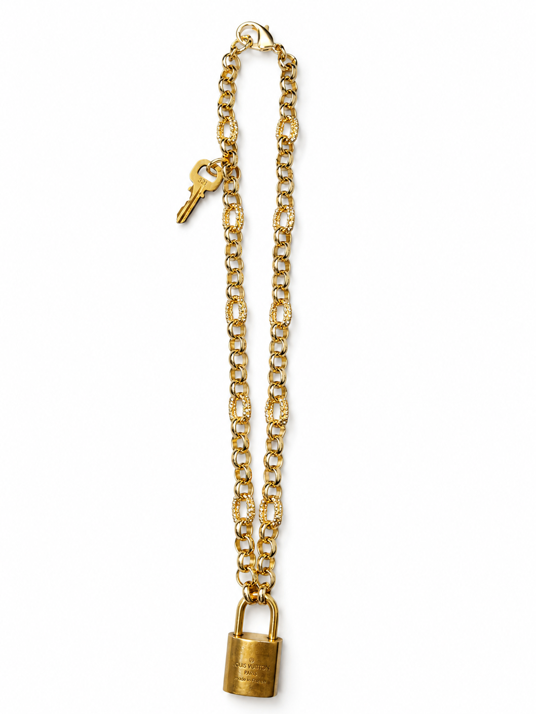 Link Necklace with Louis Vuitton Padlock and Key in Gold