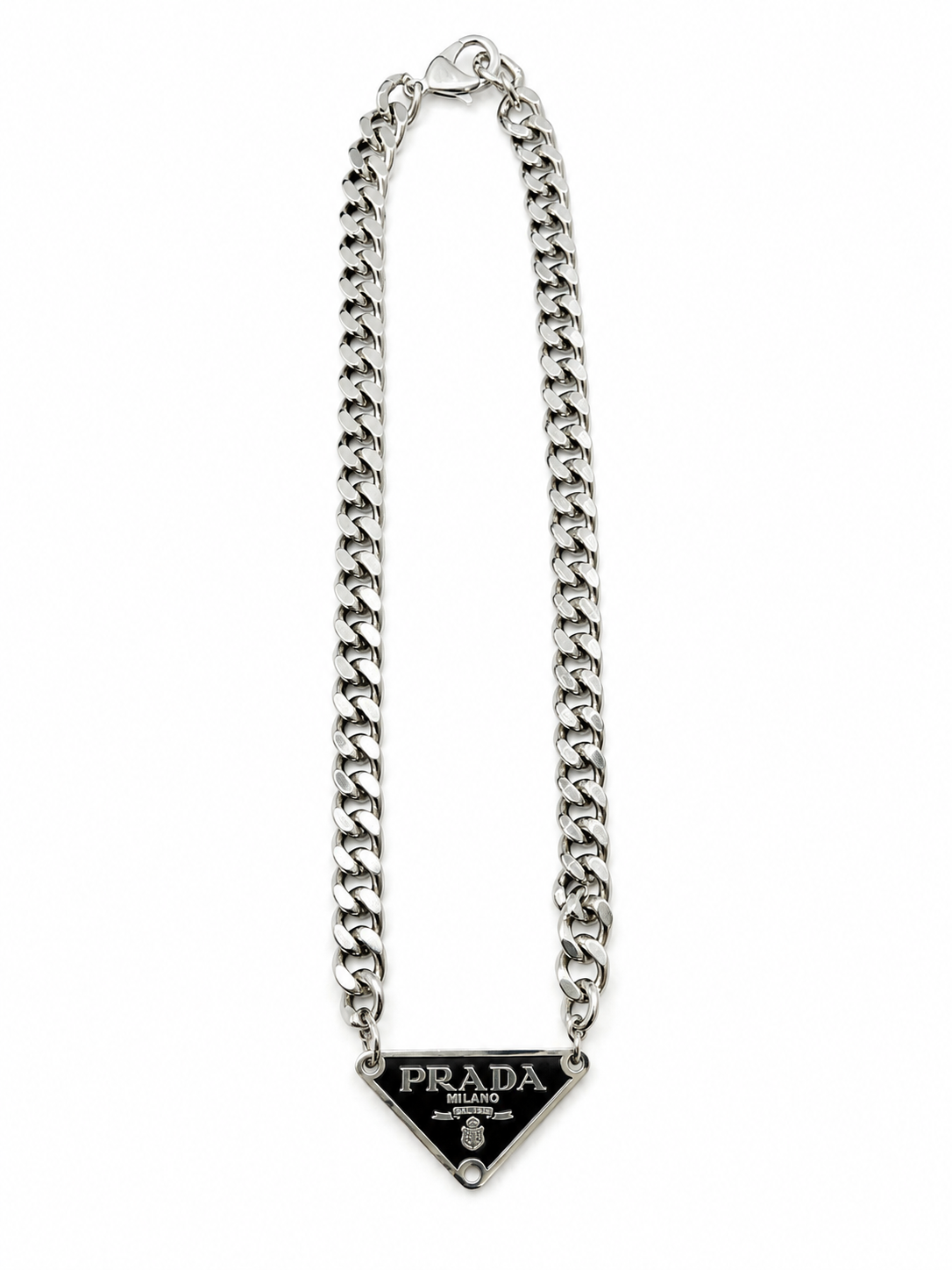 Cuban Chain Necklace with Prada Logo Triangle in Silver/Black