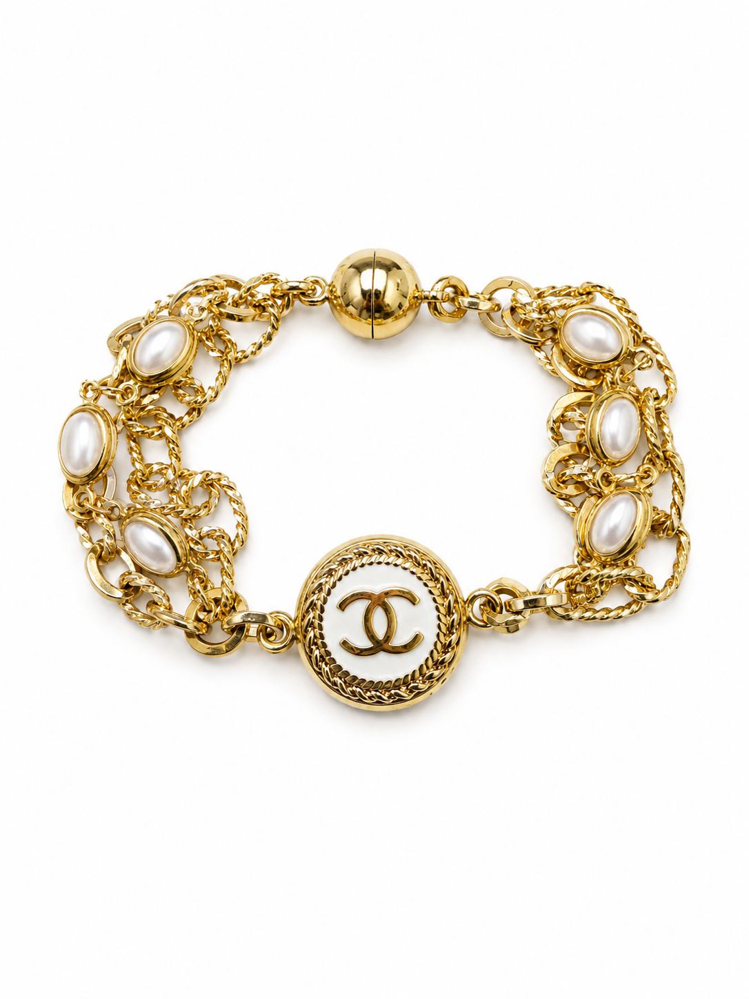 Multi-Chain & Pearl Bracelet with Chanel Logo Button in White/Gold
