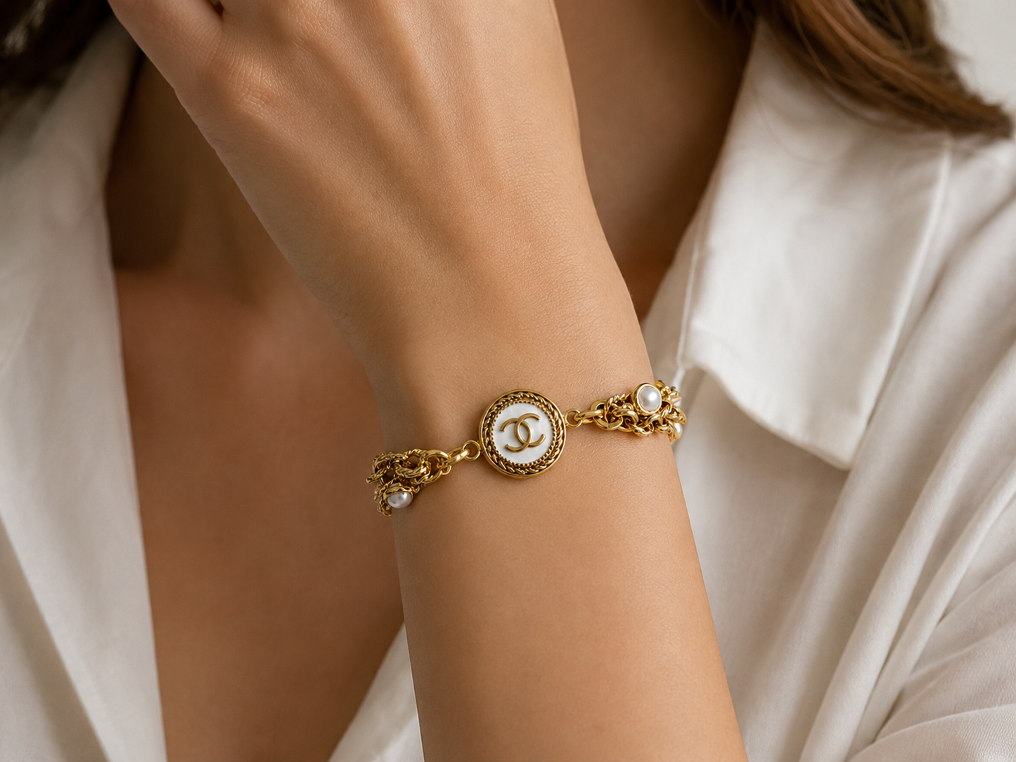 Multi-Chain & Pearl Bracelet with Chanel Logo Button in White/Gold
