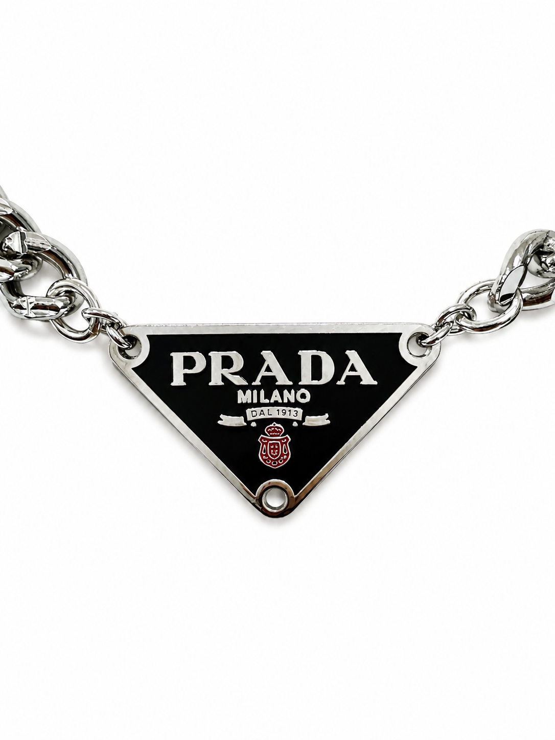 Cuban Chain Necklace with Prada Logo Triangle in Silver/Black
