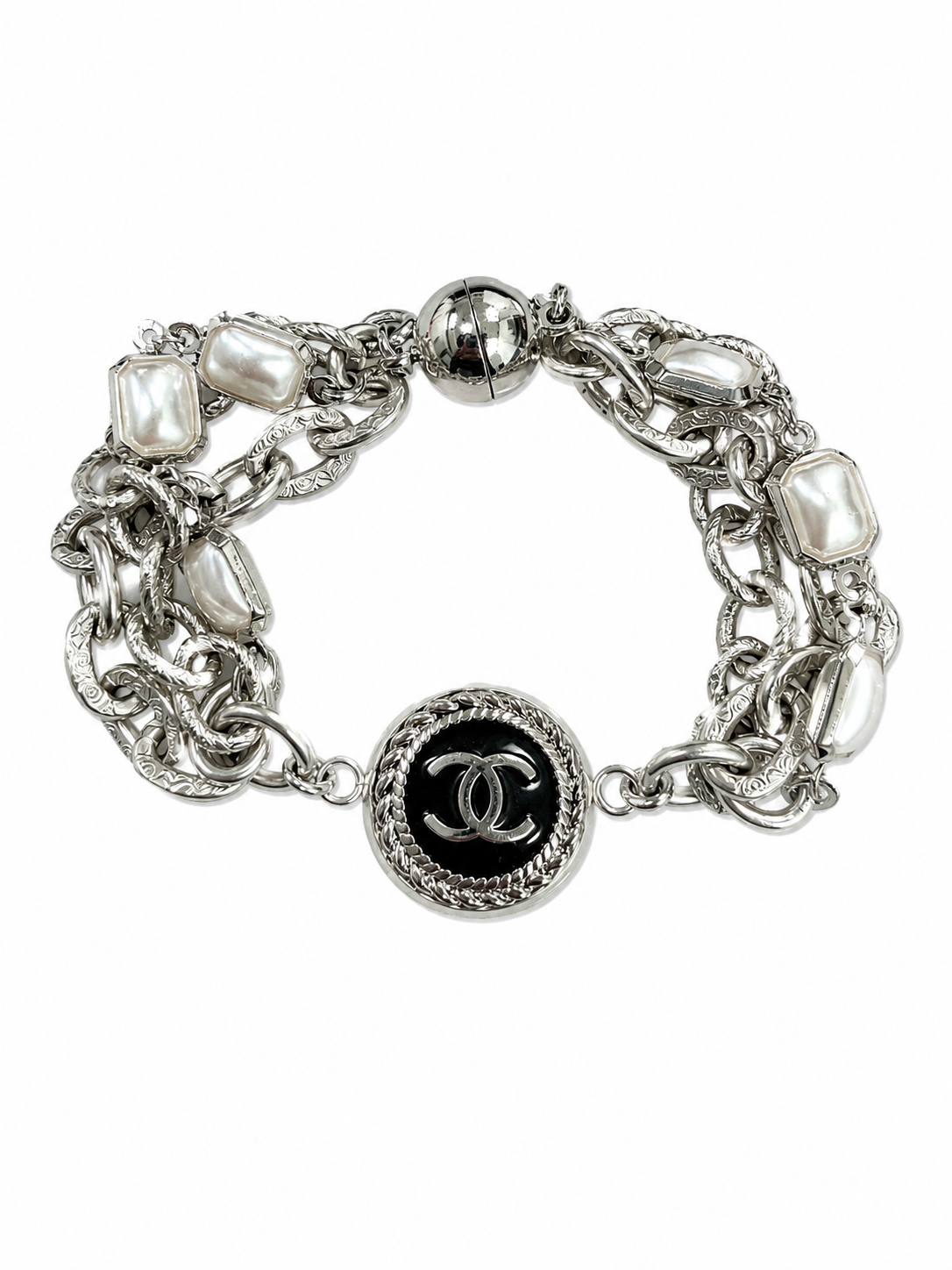 Multi-Chain & Pearl Bracelet with Chanel Logo Button in Black/Silver