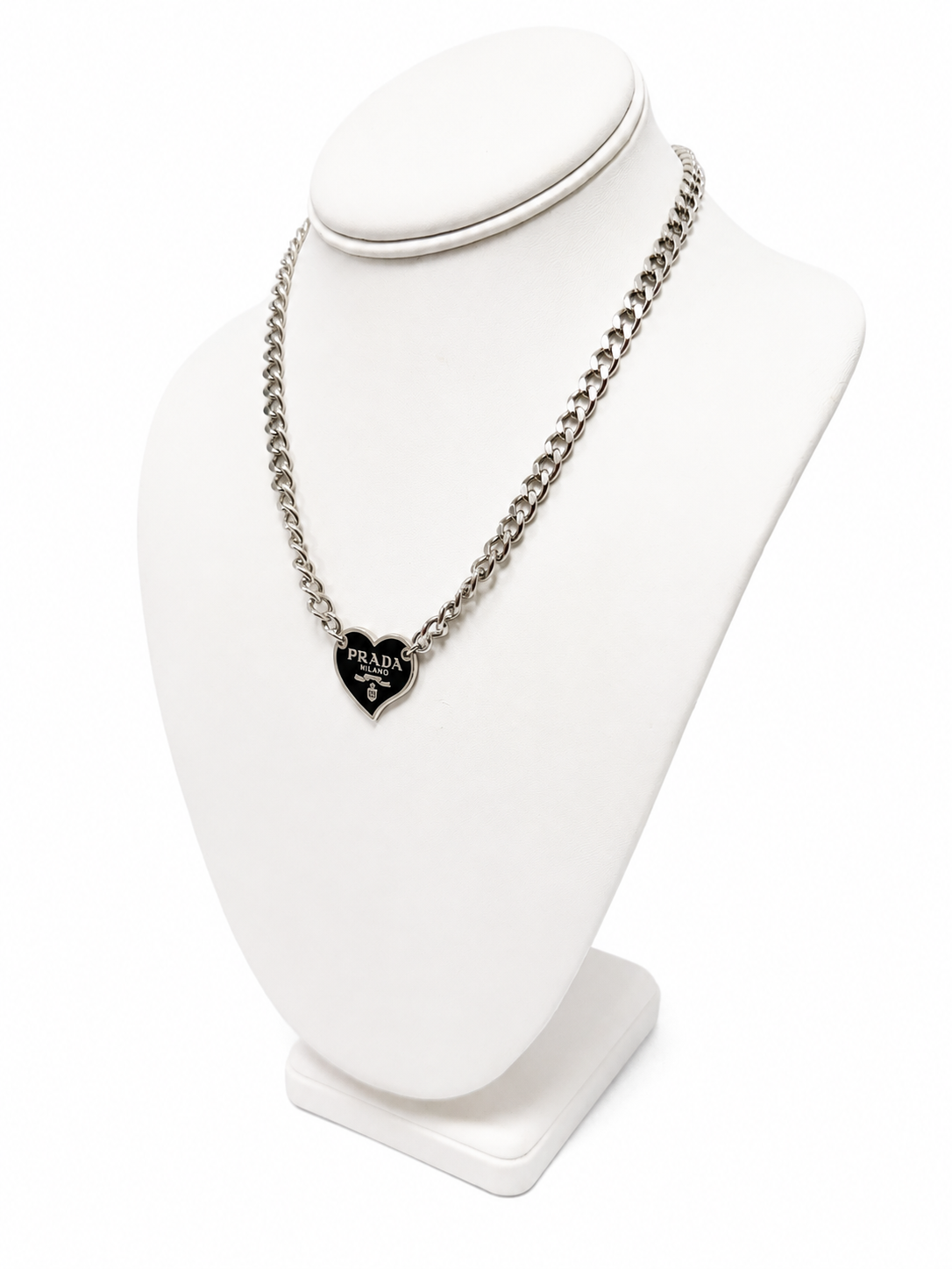 Link Necklace with Prada Logo Heart Charm in Black/Silver