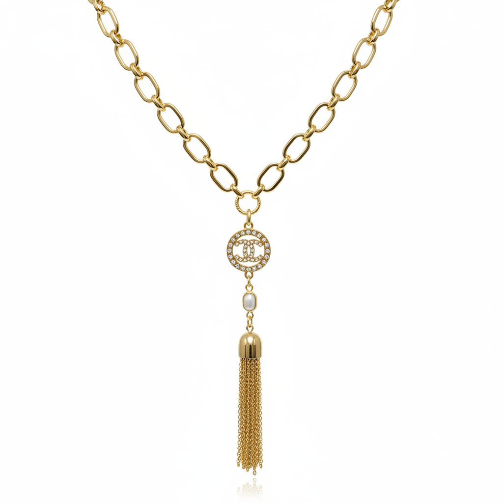 Link Necklace with Chanel Logo Button, Pearl & Tassel in Gold