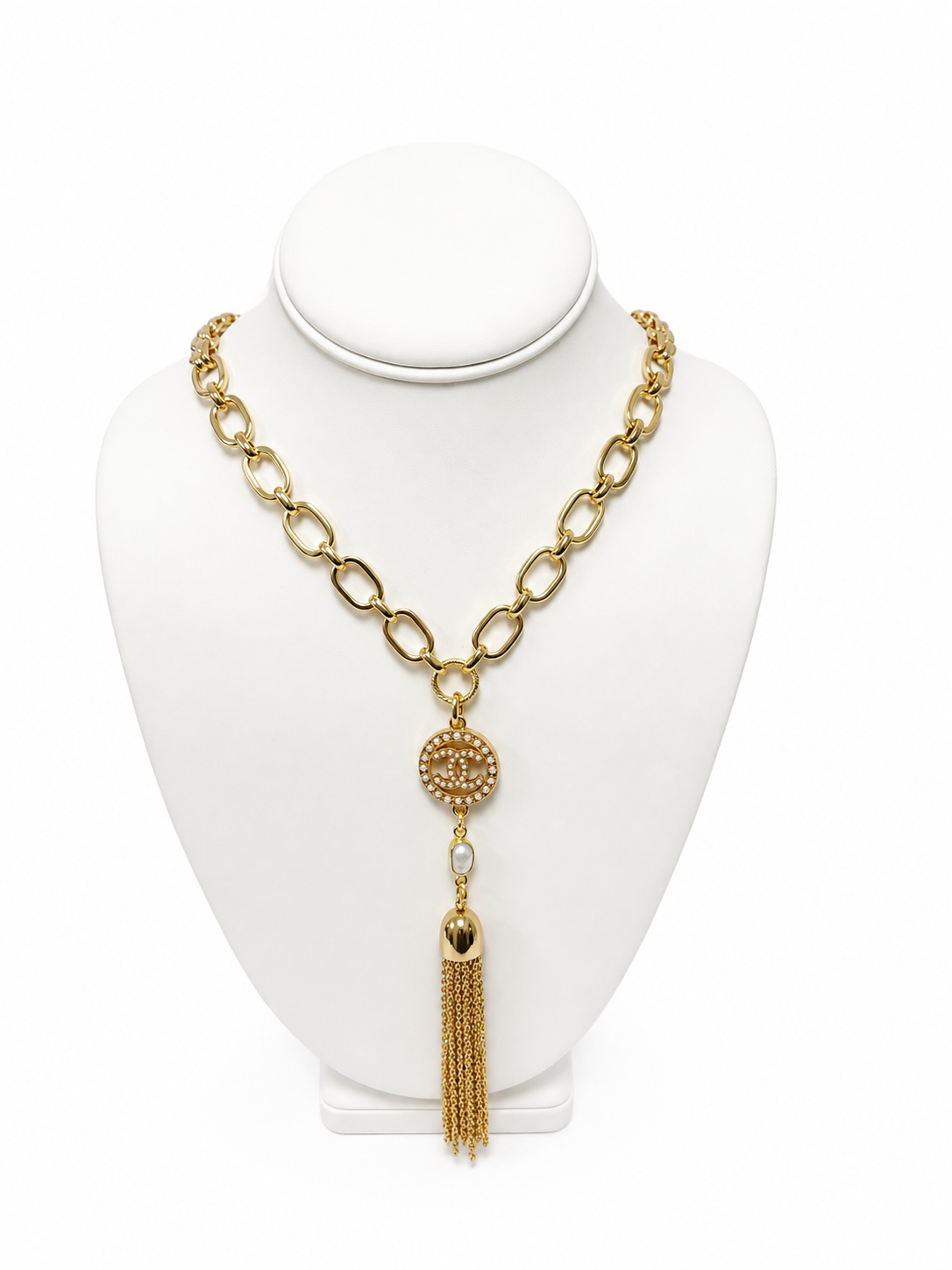 Link Necklace with Chanel Logo Button, Pearl & Tassel in Gold
