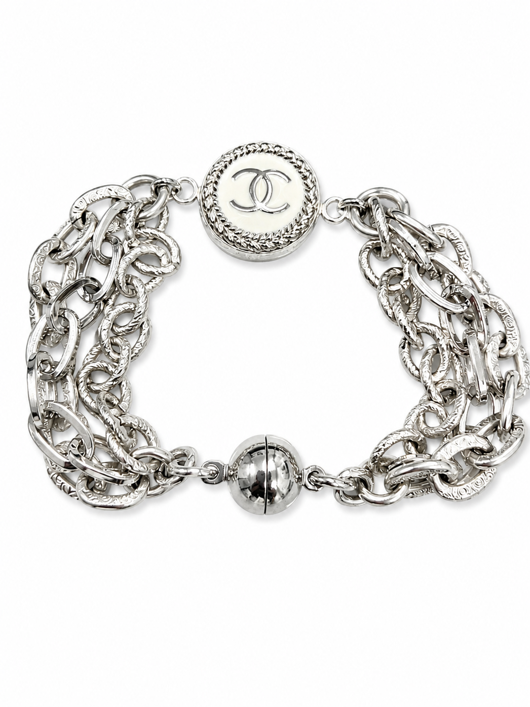 Multi-Chain Bracelet with Chanel Logo Button in White/Silver