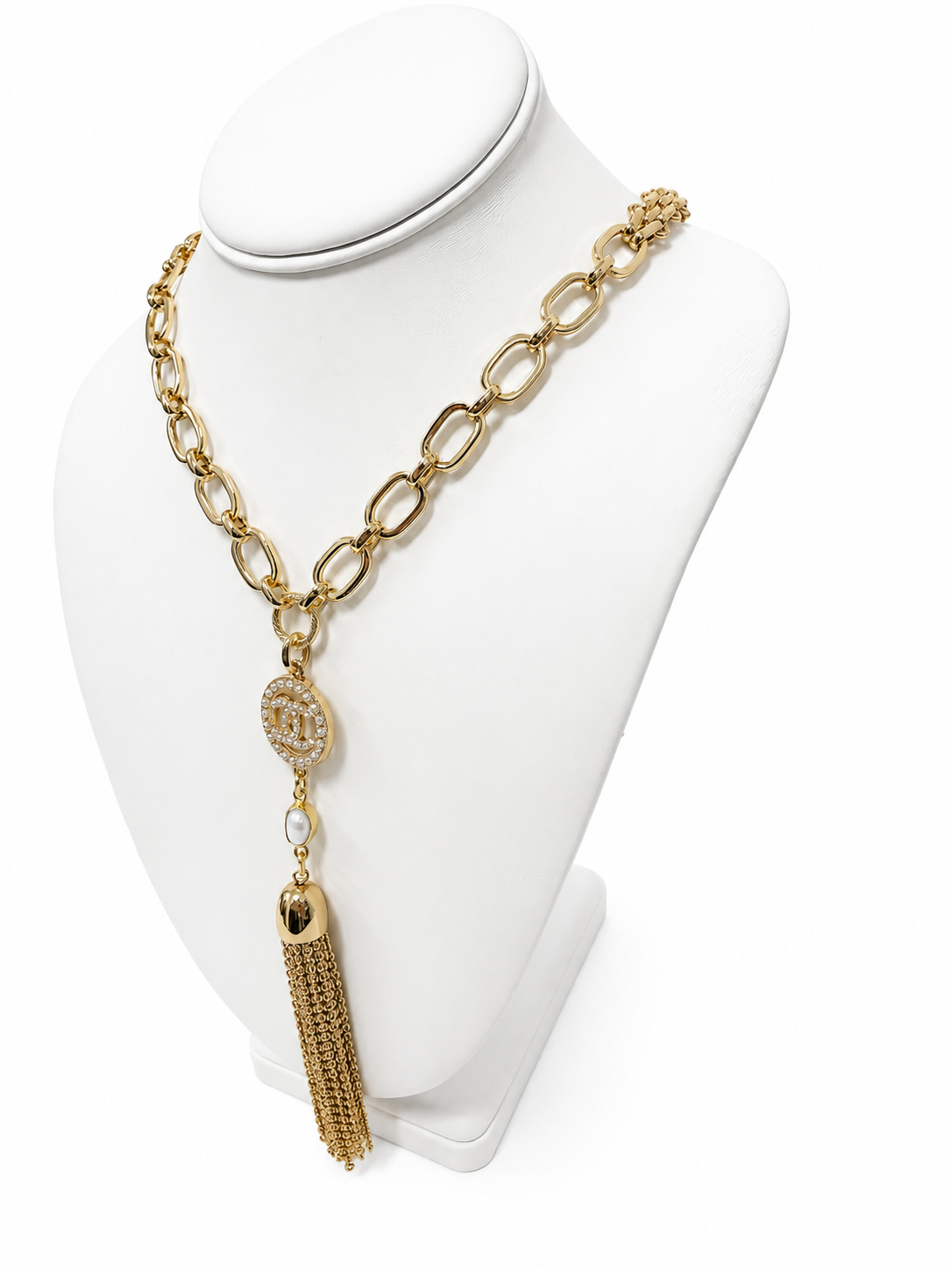 Link Necklace with Chanel Logo Button, Pearl & Tassel in Gold