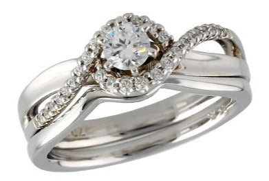 14KY Solitaire w/ Swirl Halo Bridal Ring Set