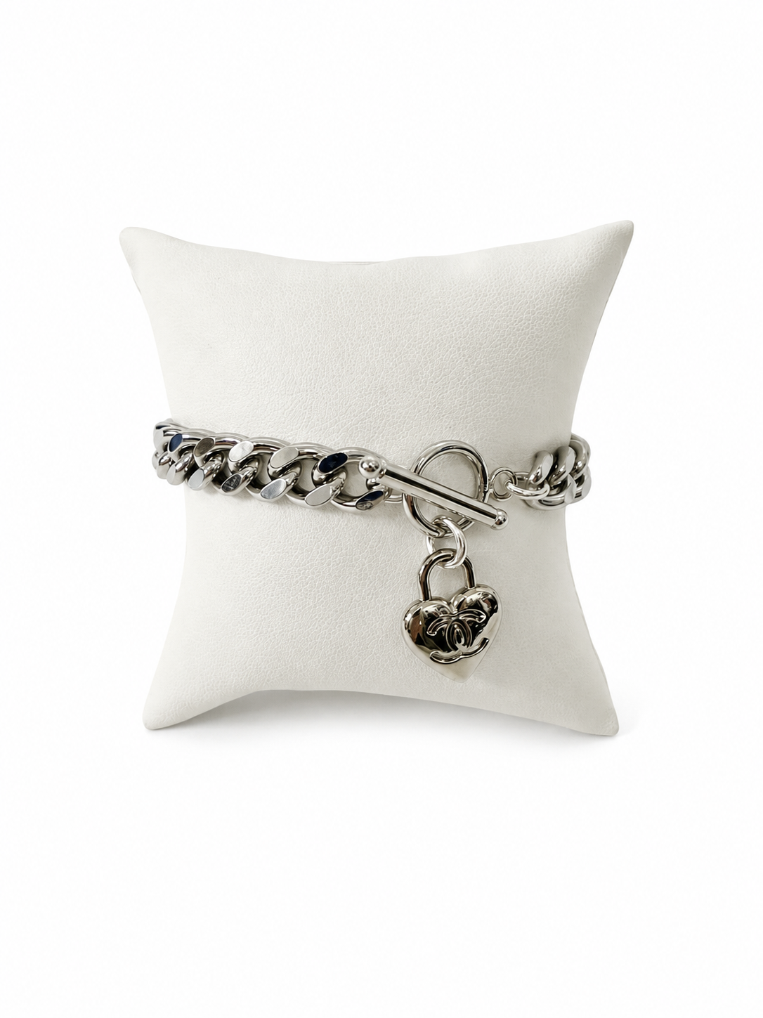 Cuban Chain Bracelet with Chanel Logo Heart Charm in Silver