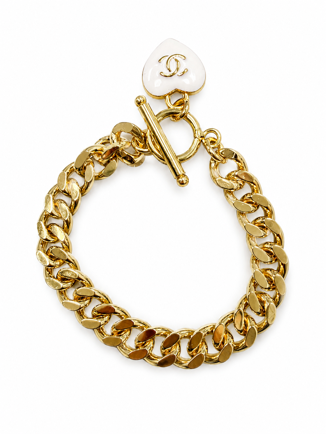 Cuban Chain Bracelet with Chanel Logo Heart Charm in Gold/White