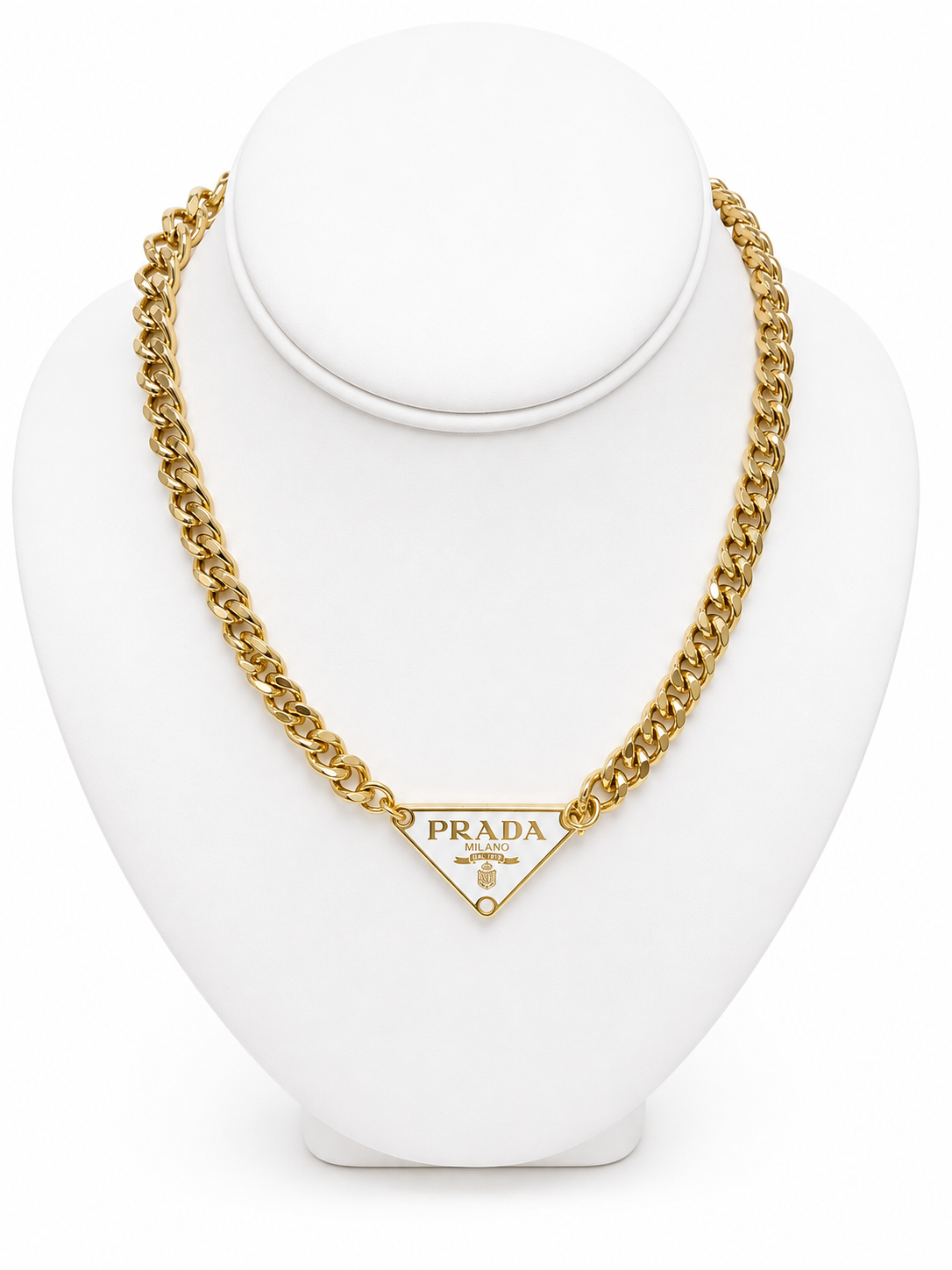 Cuban Chain Necklace with Prada Logo Triangle in White/Gold