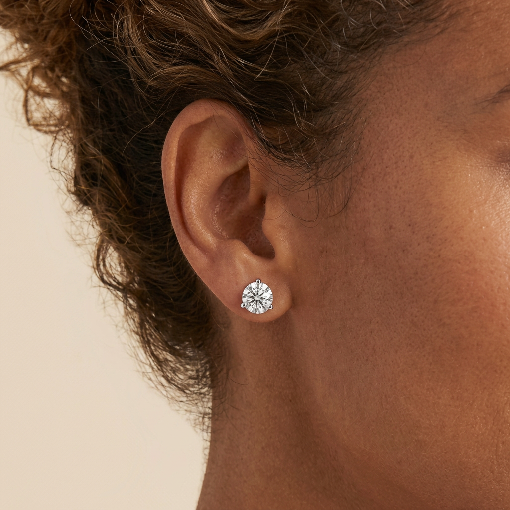 Ear close-up of the new model wearing the diamond stud