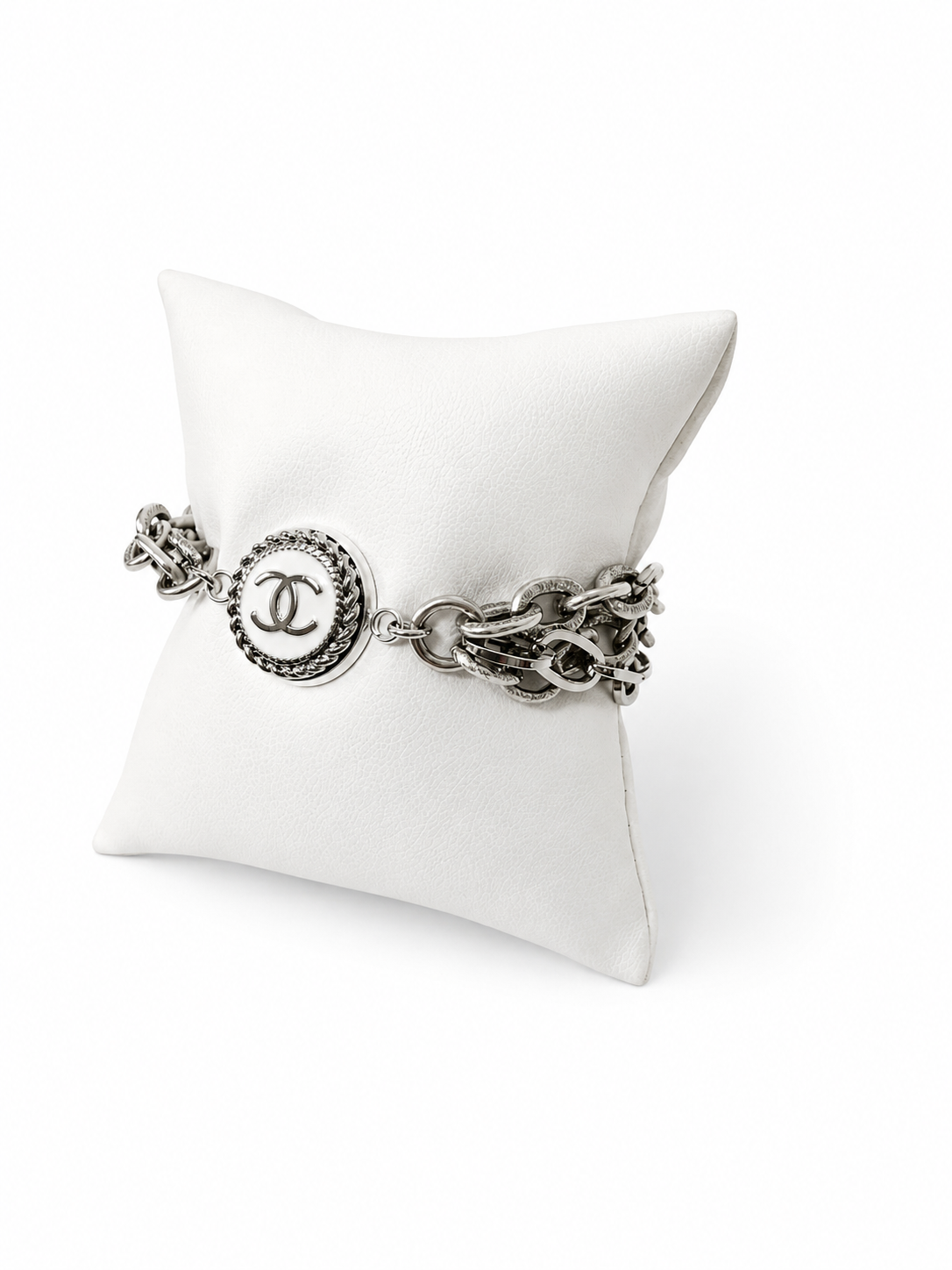Multi-Chain Bracelet with Chanel Logo Button in White/Silver