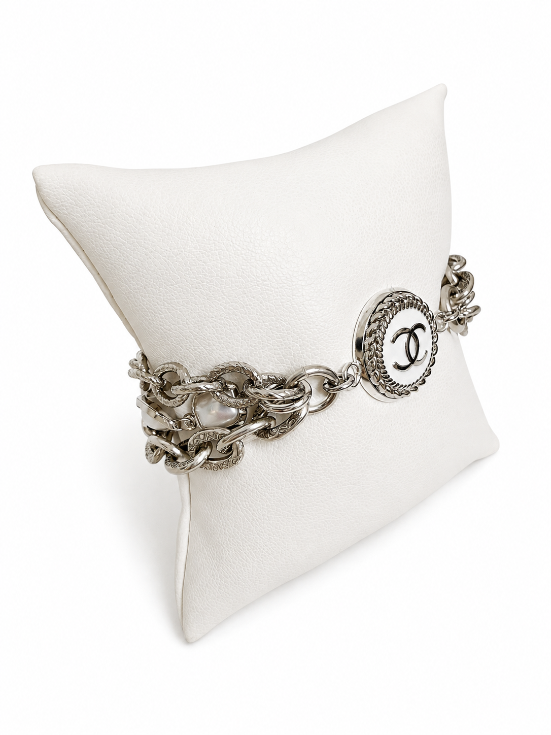 Multi-Chain/ Pearl Bracelet with Chanel Logo Button in White/Silver