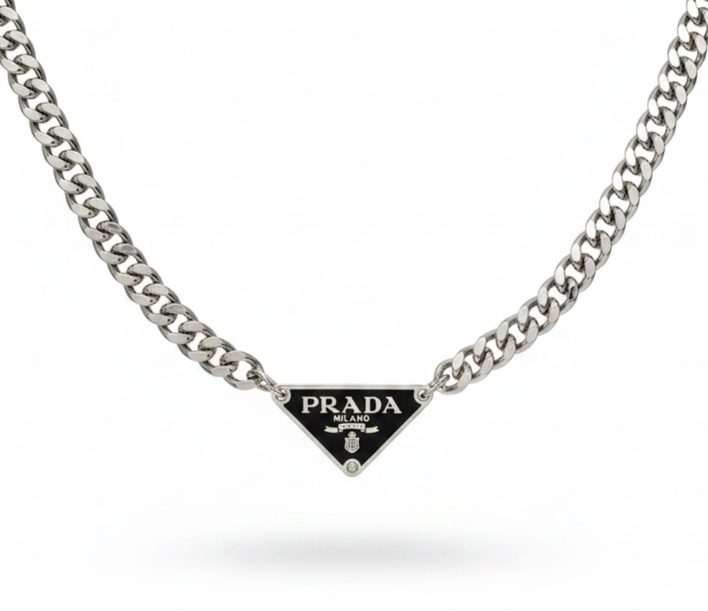 Cuban Chain Necklace with Prada Logo Triangle in Silver/Black
