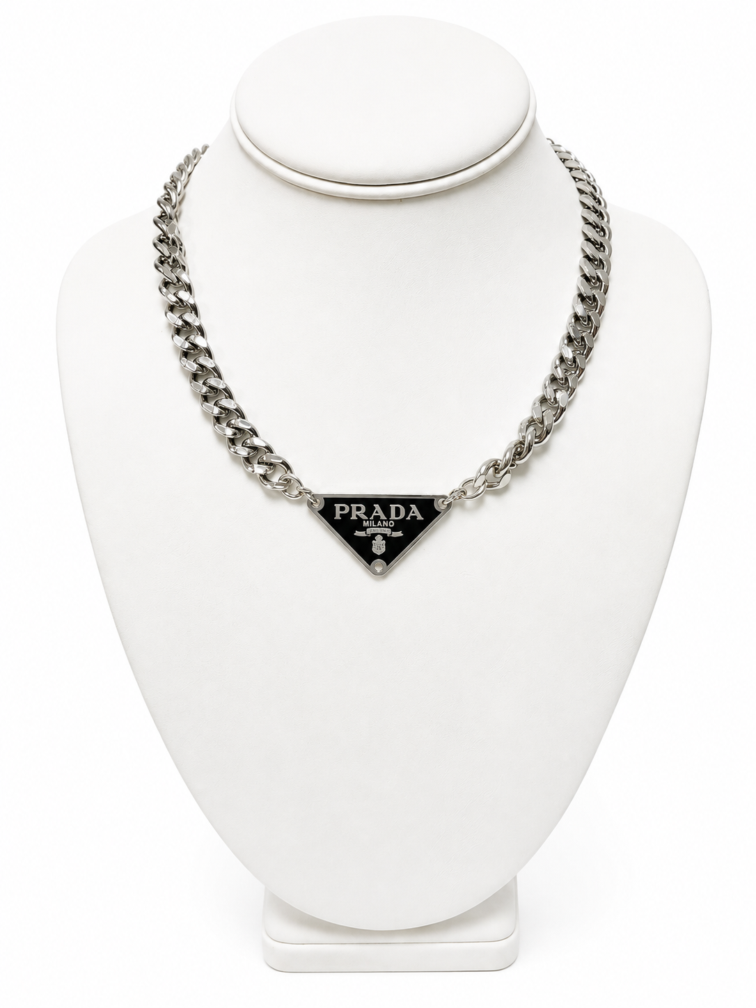 Cuban Chain Necklace with Prada Logo Triangle in Silver/Black