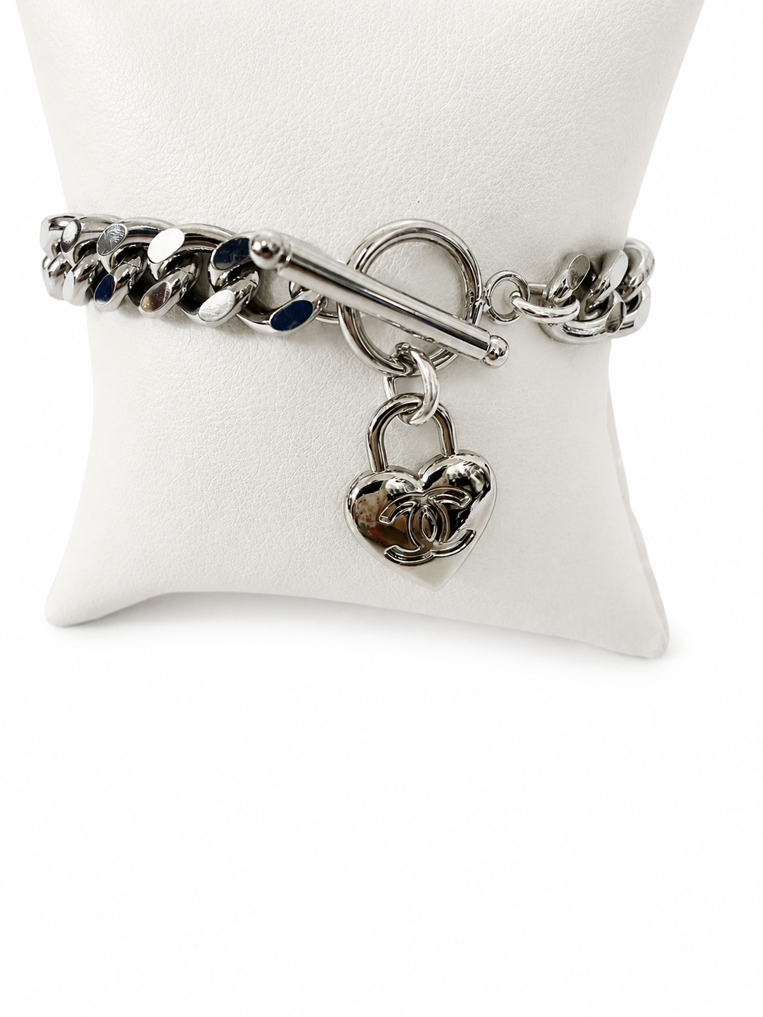 Cuban Chain Bracelet with Chanel Logo Heart Charm in Silver