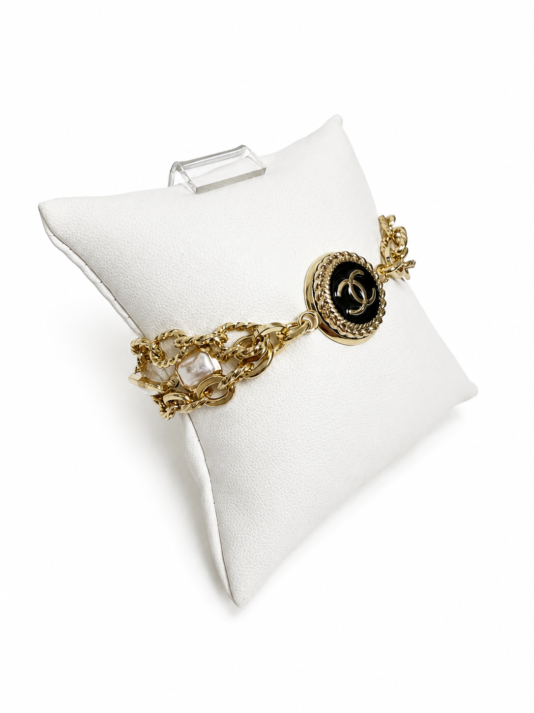 Multi-Chain & Pearl Bracelet with Chanel Logo Button in Black/Gold