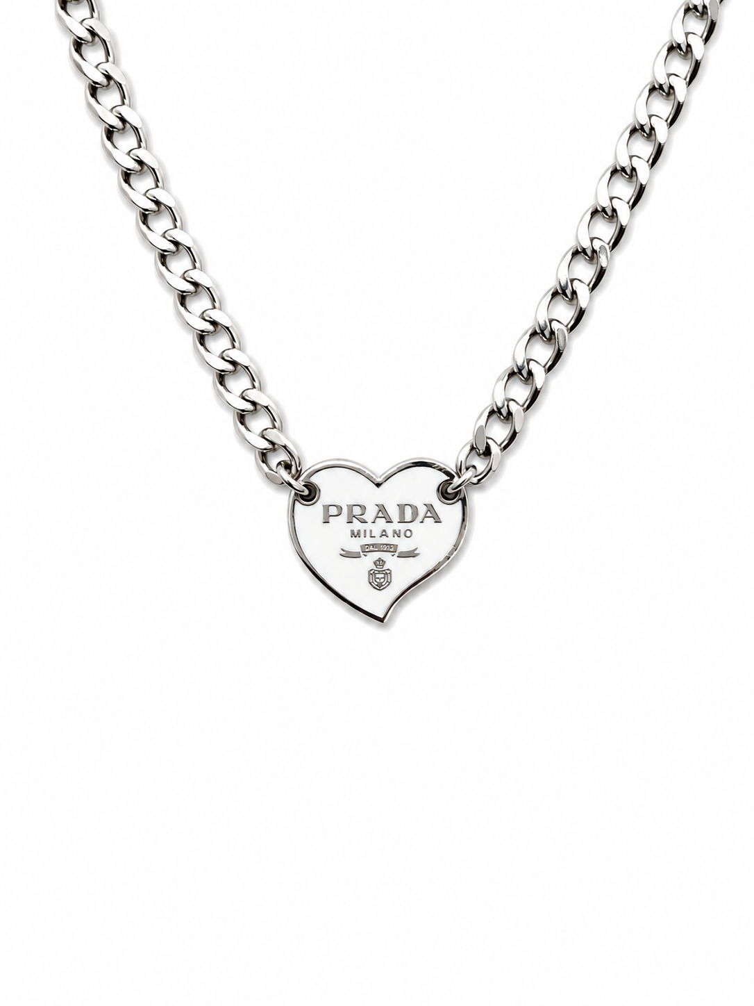 Link Necklace with Prada Logo Heart Charm in White/Silver