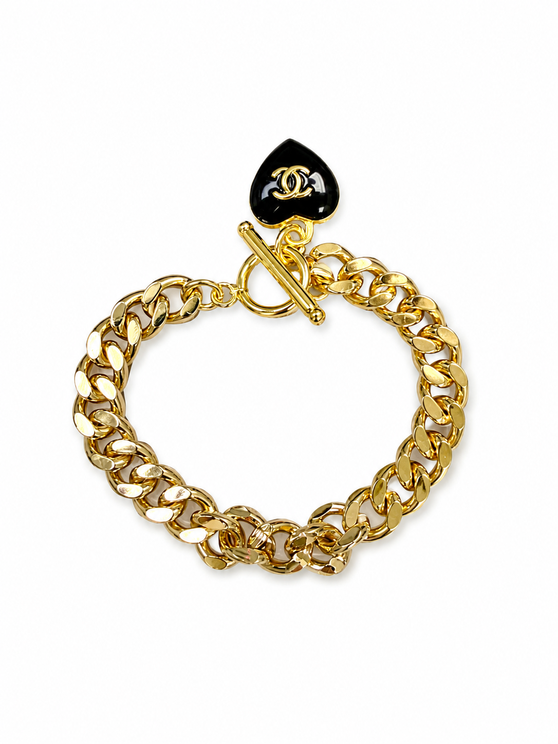 Curb Chain Bracelet with Chanel Logo Button Heart Charm in Black/Gold