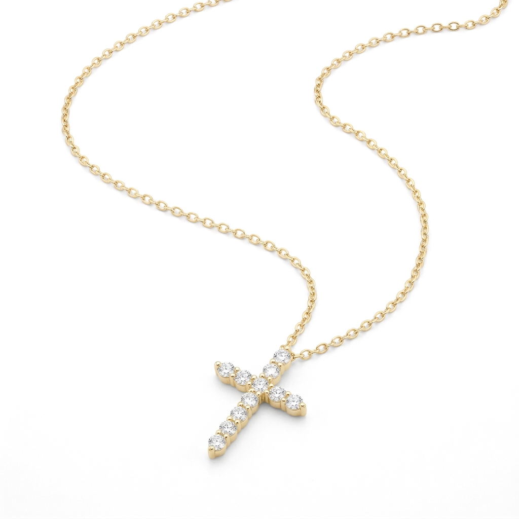 Flat diamond cross necklace with more chain on pure white