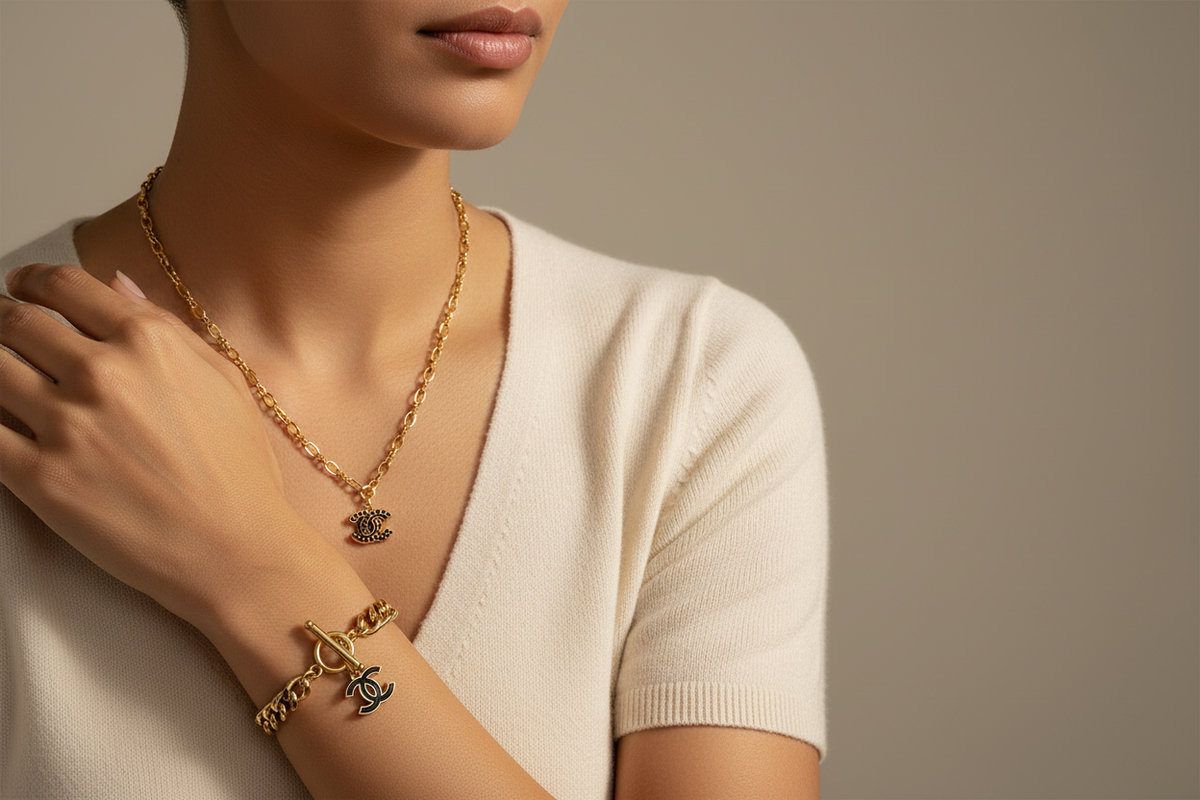 Gold CC necklace and bracelet on a model