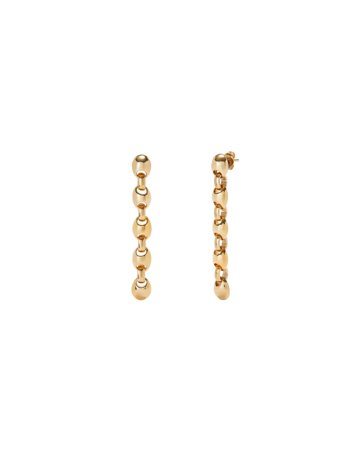 Gold dangle earrings with bead details on a white background