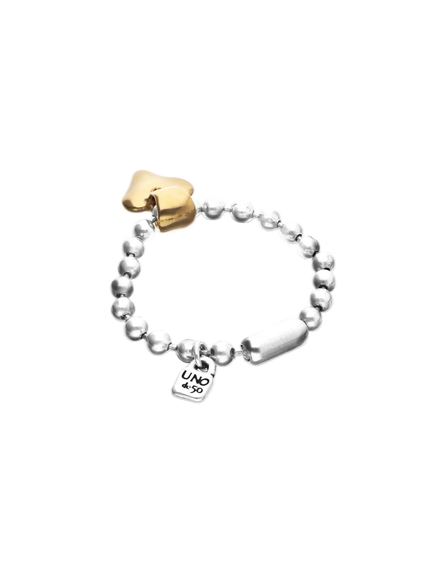 Bracelet with gold heart charm and silver tag on a white background