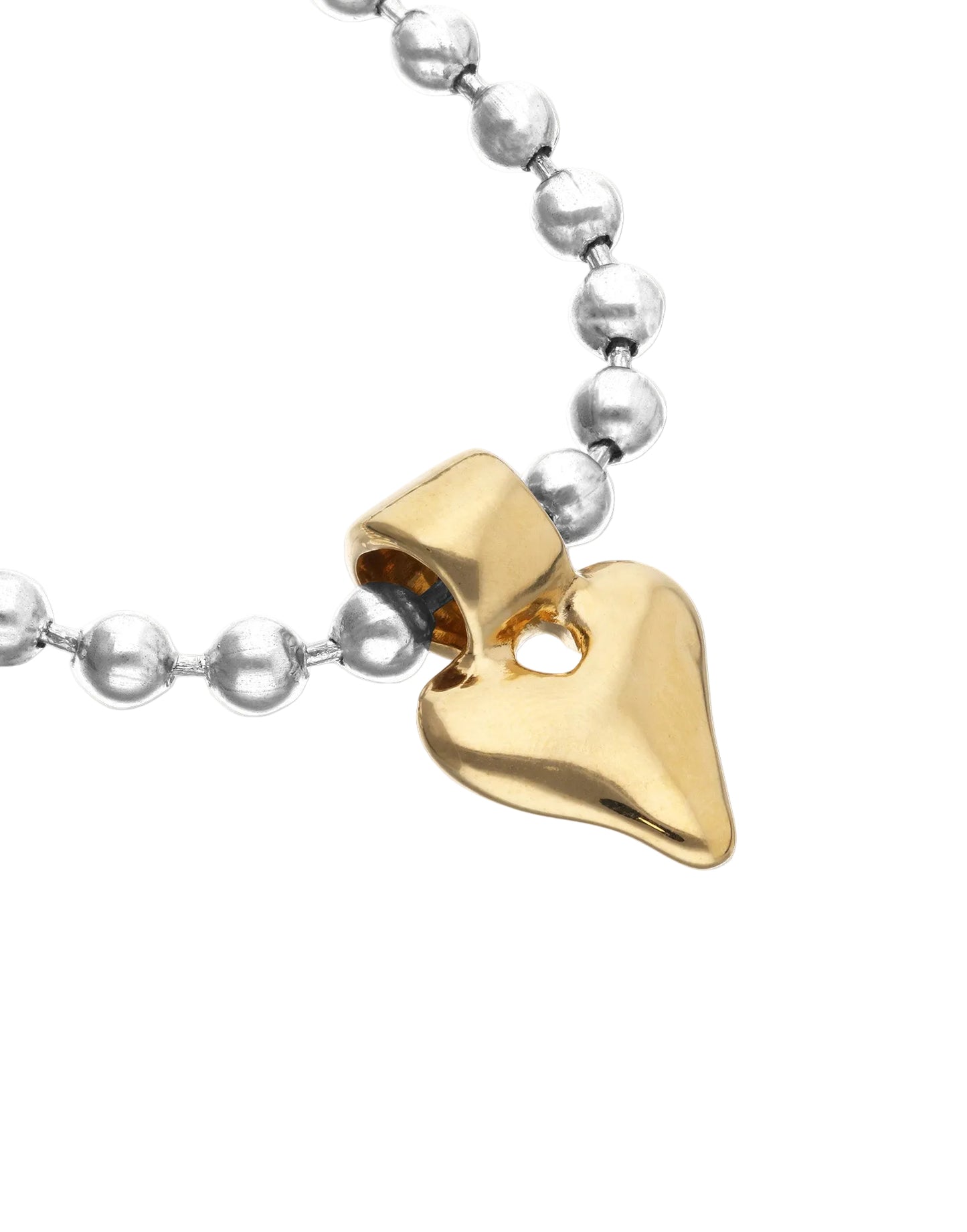 Gold heart-shaped pendant on a silver beaded necklace against a white background