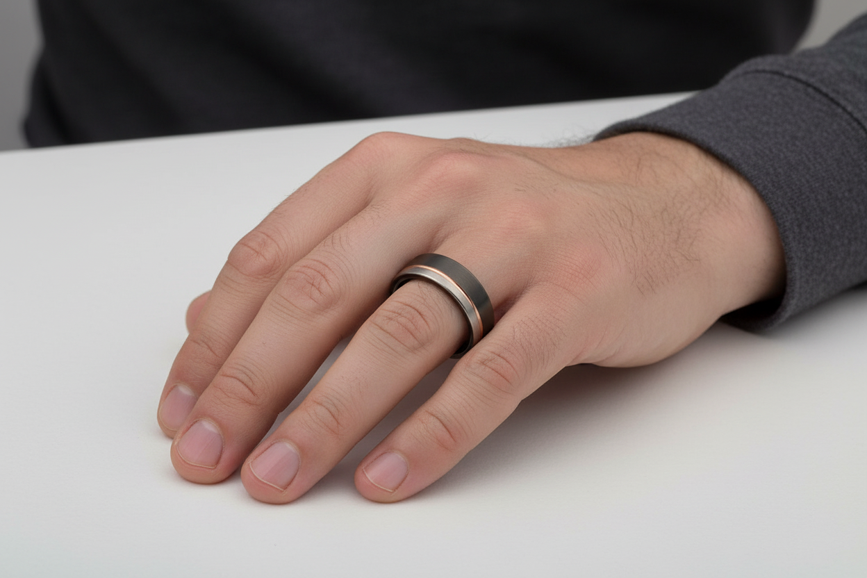 Grey-Black Tungsten Ring on Men's Hand