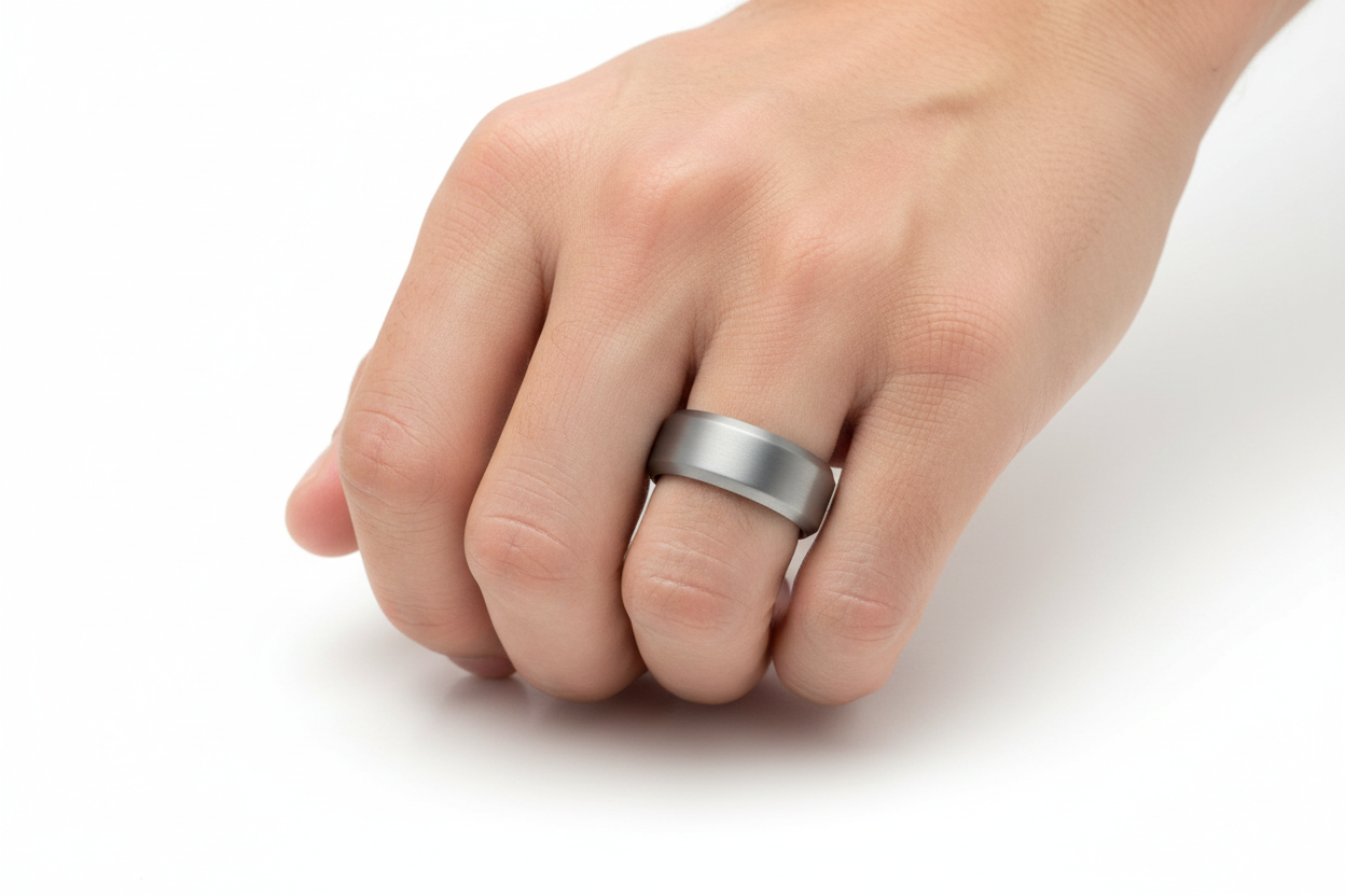 Grey Tantalum Ring on Man's Left Hand