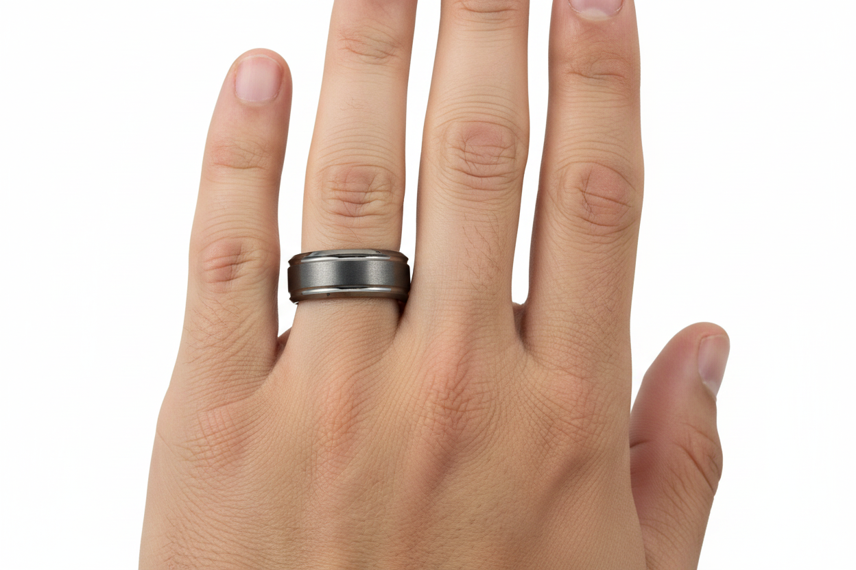 Grey Tantalum Ring on Ring Finger