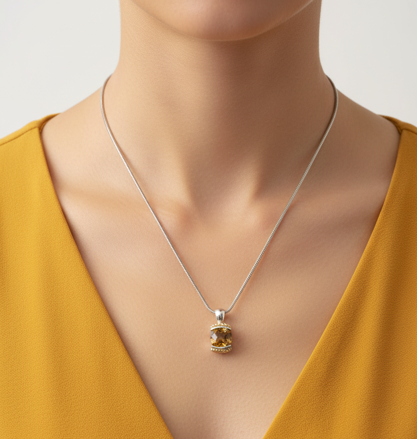 Honey Citrine Pendant on Model - Mustard Yellow