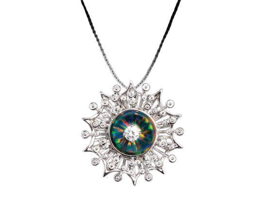 Galatea 14K White Gold w/ Black Opal And Diamond Starburst Pendant