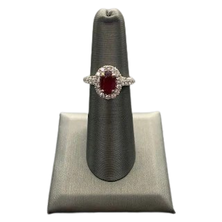 18K Oval Ruby and Diamond Ring with Halo