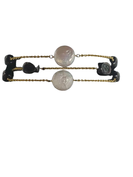 14KY 3 Strand Black Onyx & Fresh Water Pearl Bracelet
