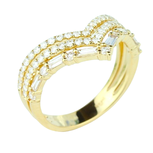 14k Yellow Gold 3-Diamond-Row Chevron Band with Baguettes.