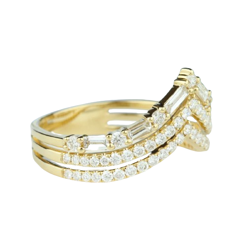 14k Yellow Gold 3-Diamond-Row Chevron Band with Baguettes.