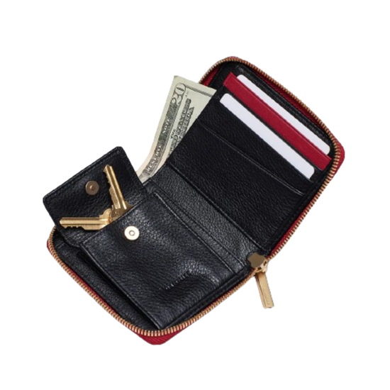 Load image into Gallery viewer, 5 NORTH Compact Wallet in Black/ Gold with Red Zip
