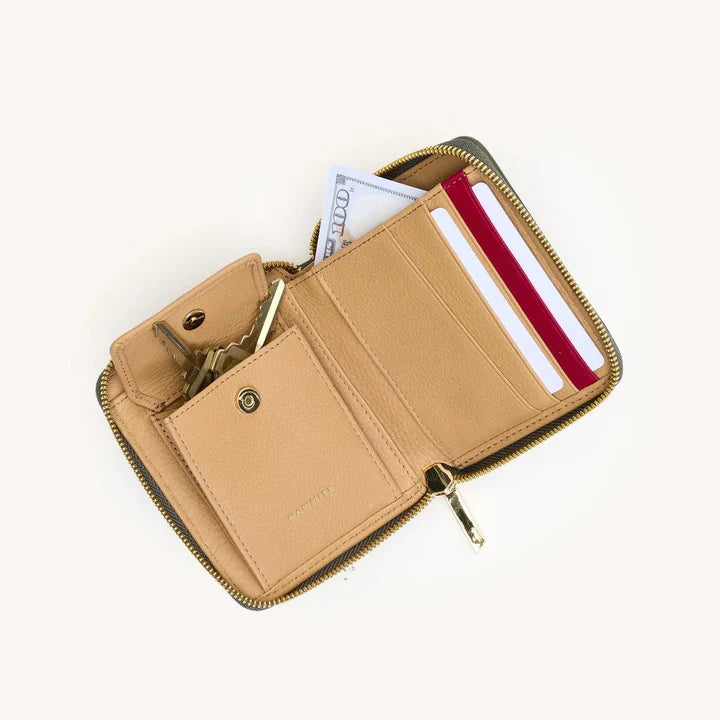 Beige wallet with card slots and key holder on a white background