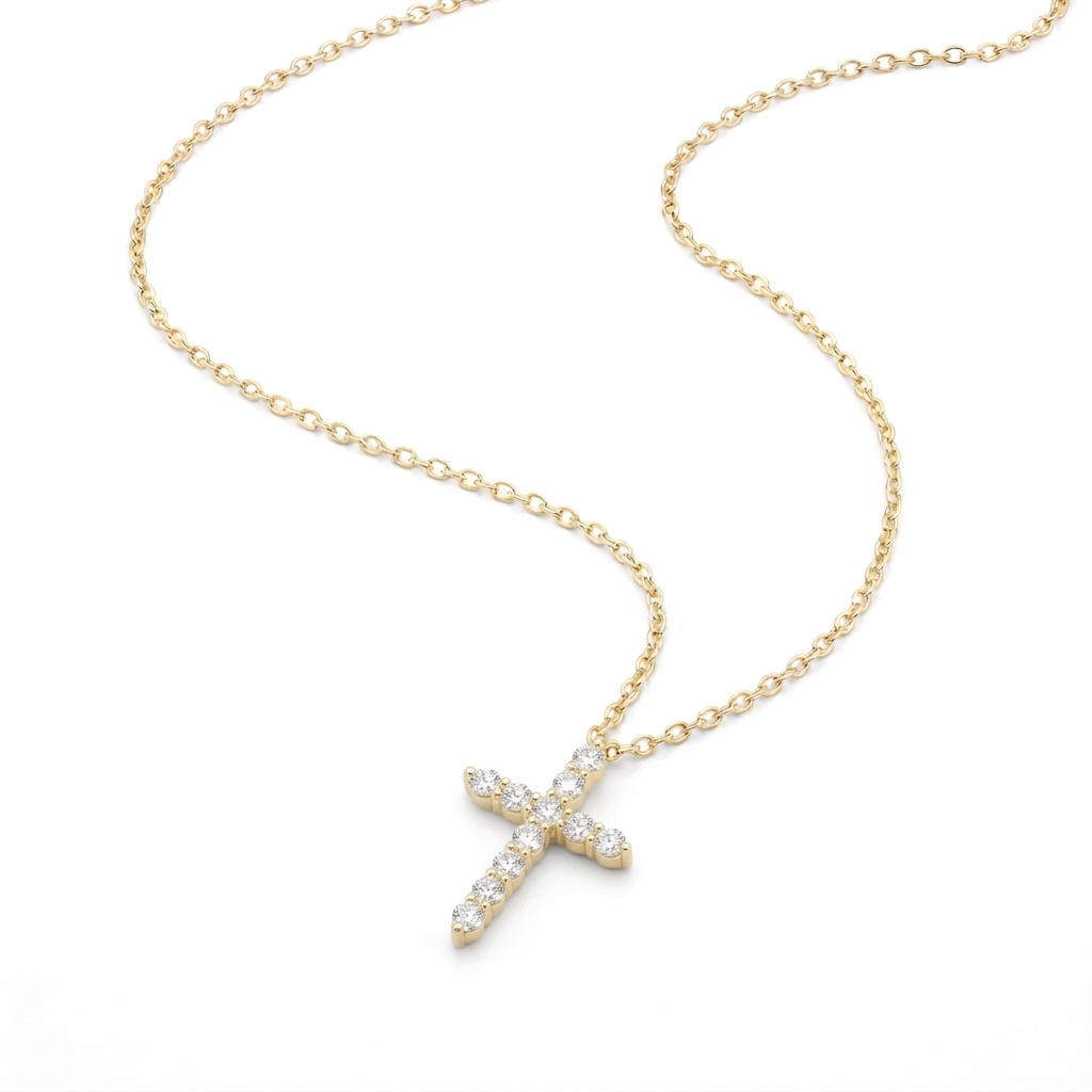 Laid-down necklace with a smaller cross pendant on pure white