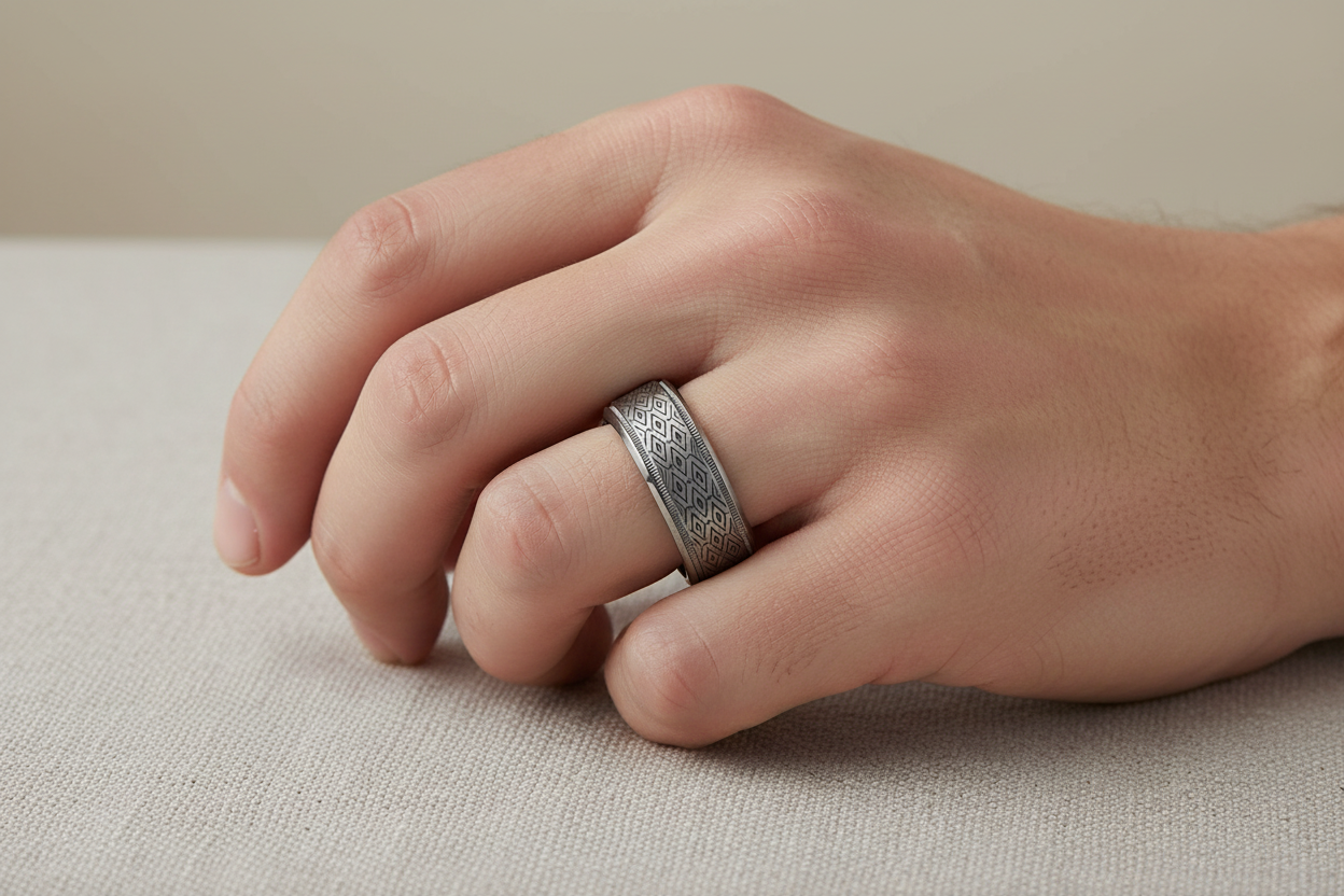 Malo Grey Tantalum Ring on Man's Left Hand
