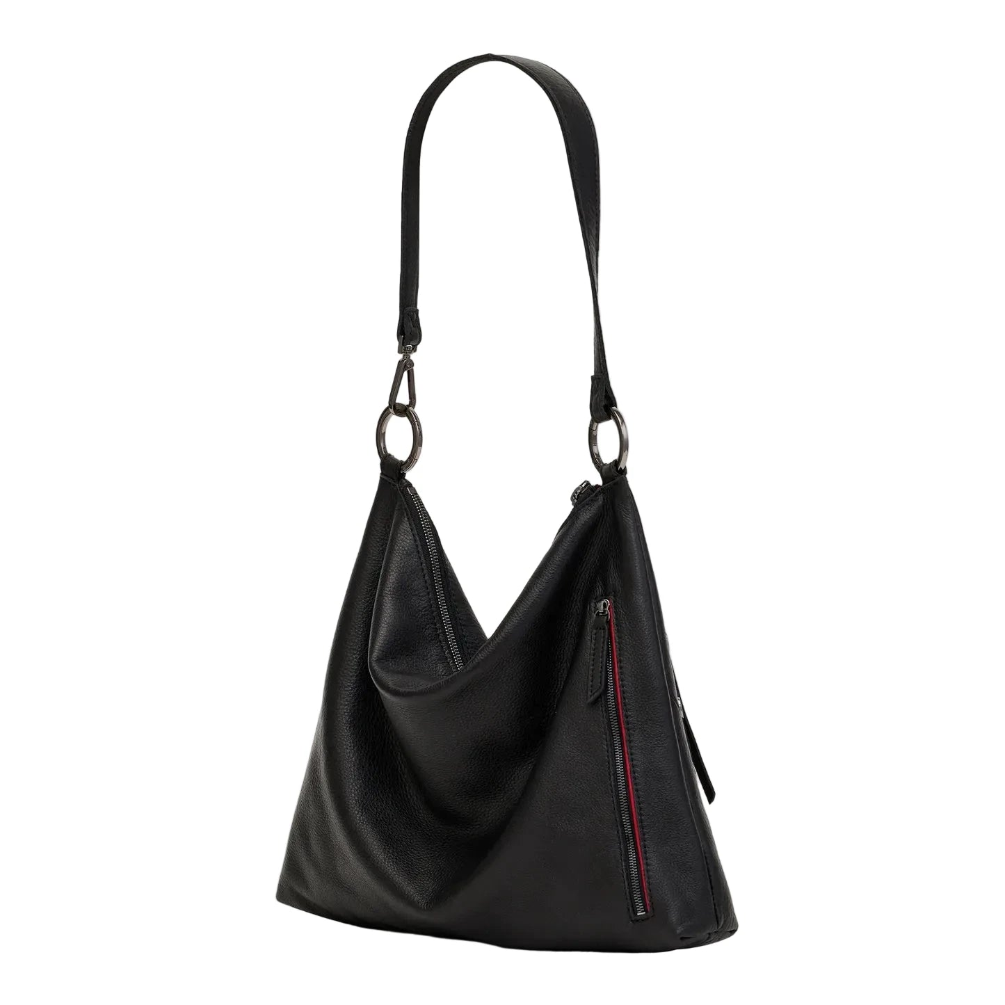 Black handbag with a strap on a white background